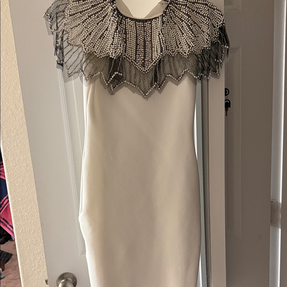 Fashion Nova White Mini Dress with Black Beaded Collar